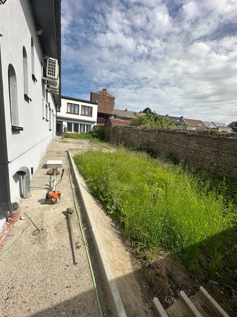 Herbes hautes dans le jardin clos à l'arrière, débroussailleuse en place, Trazegnies